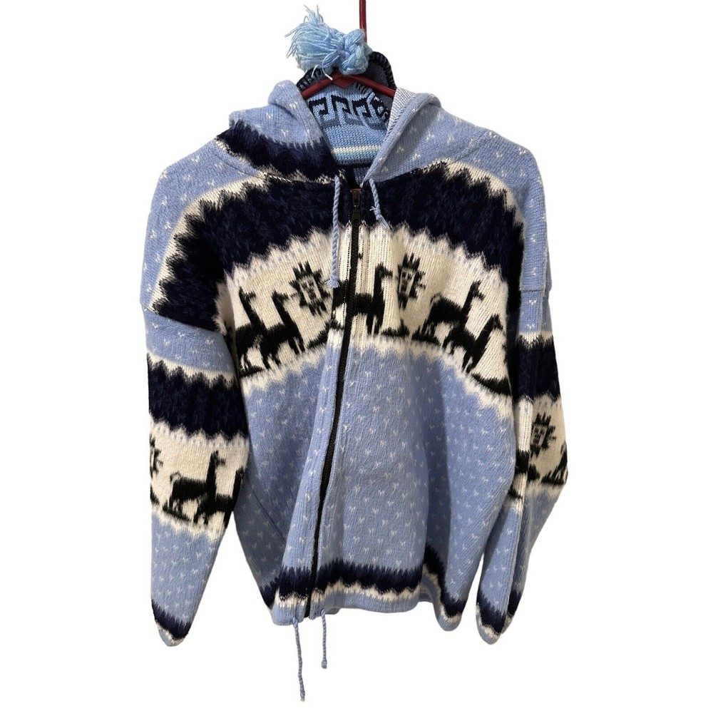 artesanias tuntaquimba Wool Jacket Llama Theme Mens Medium With Matching Beanie